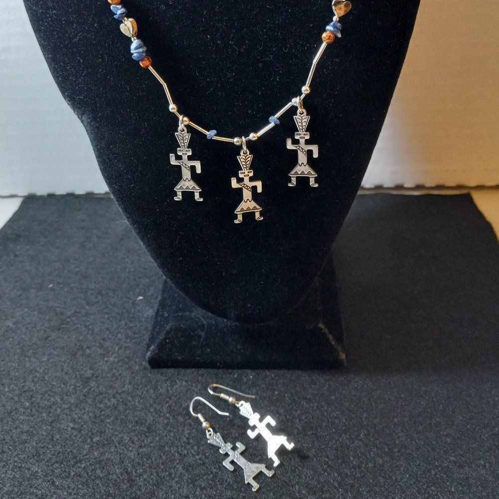 Southwest Three Native Dancer's Silver Tone Beaded necklace/earrings